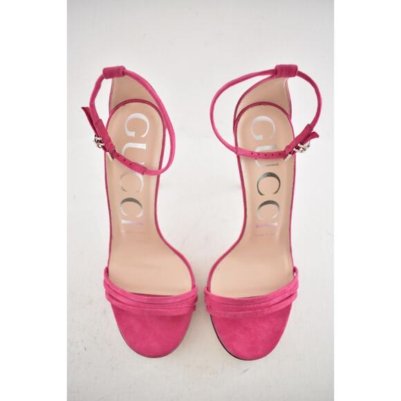Gucci Ilse Bright Fuxia Pink Suede Crystal GG Logo Ankle Strap Heel Sandal 36 - Picture 8 of 14